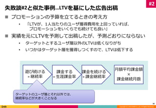 Copyright (C) 2014 DeNA Co.,Ltd. All Rights Reserved. 
失敗談#2と似た事例…LTVを基にした広告出稿 
 プロモーションの予算を立てるときの考え方 
• 「LTVが、1人当たりのユーザ獲得費用を上回っていれば、 
プロモーションをいくらでも続けても良い」 
 実績を元にLTVを予測して出稿したが、予測どおりにならない 
• ターゲットとするユーザ層以外のLTVは低くなりがち 
• いつかはターゲット層を獲得しつくすので、LTVは低下する 
18 
遊び続ける 
= 継続率 
課金する 
= 生涯課金率 
課金を続ける 
= 課金継続率 
月額平均課金額 
× 
課金継続月数 
ターゲットのユーザ層とそれ以外では、 
継続率などが大きくことなる 
#2 
 