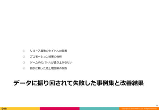 データに振り回されて失敗した事例集と改善結果 
Copyright (C) 2014 DeNA Co.,Ltd. All Rights Reserved. 
① リリース直後のタイトルの改善 
② プロモーション結果の分析 
③ ゲーム内のバトルが盛り上がらない 
④ 割引に頼った売上増加策の失敗 
9 
 