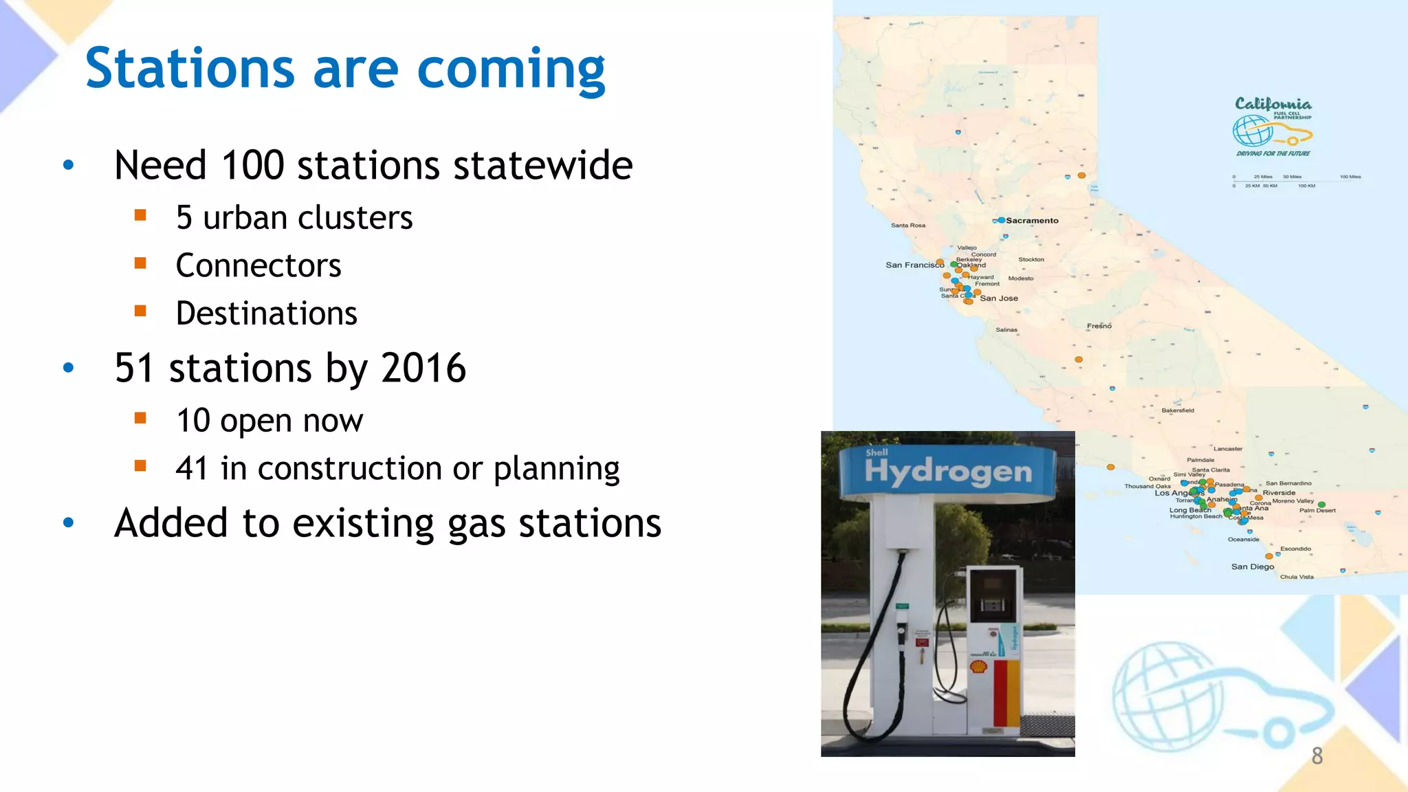 Stations are coming
• Need 100 stations statewide
 5 urban clusters
 Connectors
 Destinations
• 51 stations by 2016
 10 open now
 41 in construction or planning
• Added to existing gas stations
8
 