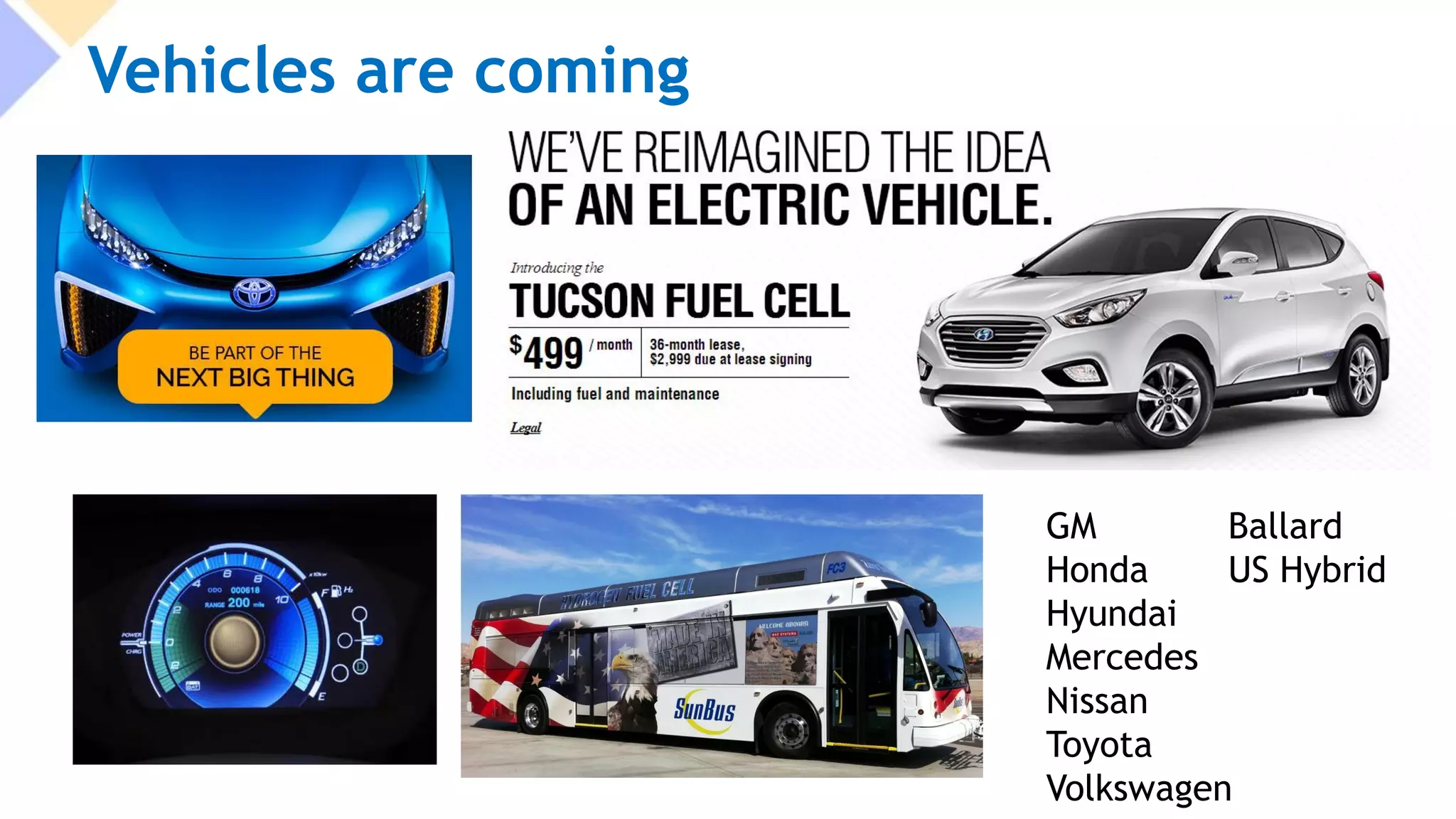Vehicles are coming
GM
Honda
Hyundai
Mercedes
Nissan
Toyota
Volkswagen
Ballard
US Hybrid
 