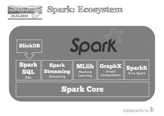 2 
24.11.2014 
BlinkDB 
MapReduce 
Cluster resource mgmt. + data 
processing 
HDFS 
Spark: Ecosystem 
Redundant, reliable storage 
Spark Core 
Spark 
SQL 
SQL 
Spark 
Streaming 
Streaming 
MLlib 
Machine 
Learning 
SparkR 
R on Spark 
GraphX 
Graph 
Computation 
 