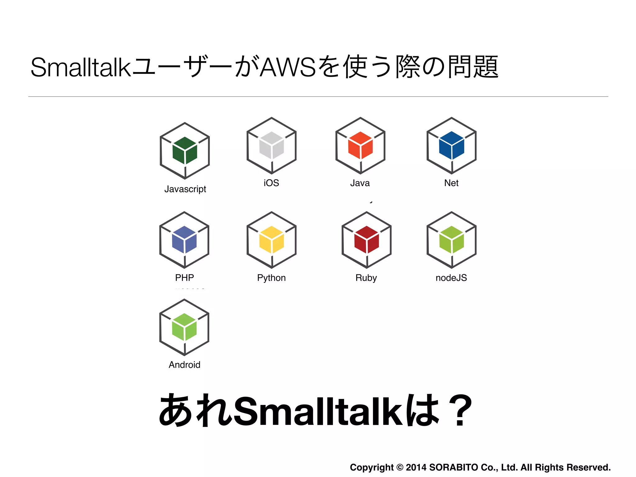 SmalltalkユーザーがAWSを使う際の問題 
nodeJS 
Copyright © 2014 SORABITO Co., Ltd. All Rights Reserved. 
iOS 
iOS Java 
Javascript 
Net 
PHP Python 
nodeJS 
Android 
Ruby 
Ruby 
あれSmalltalkは？ 
 