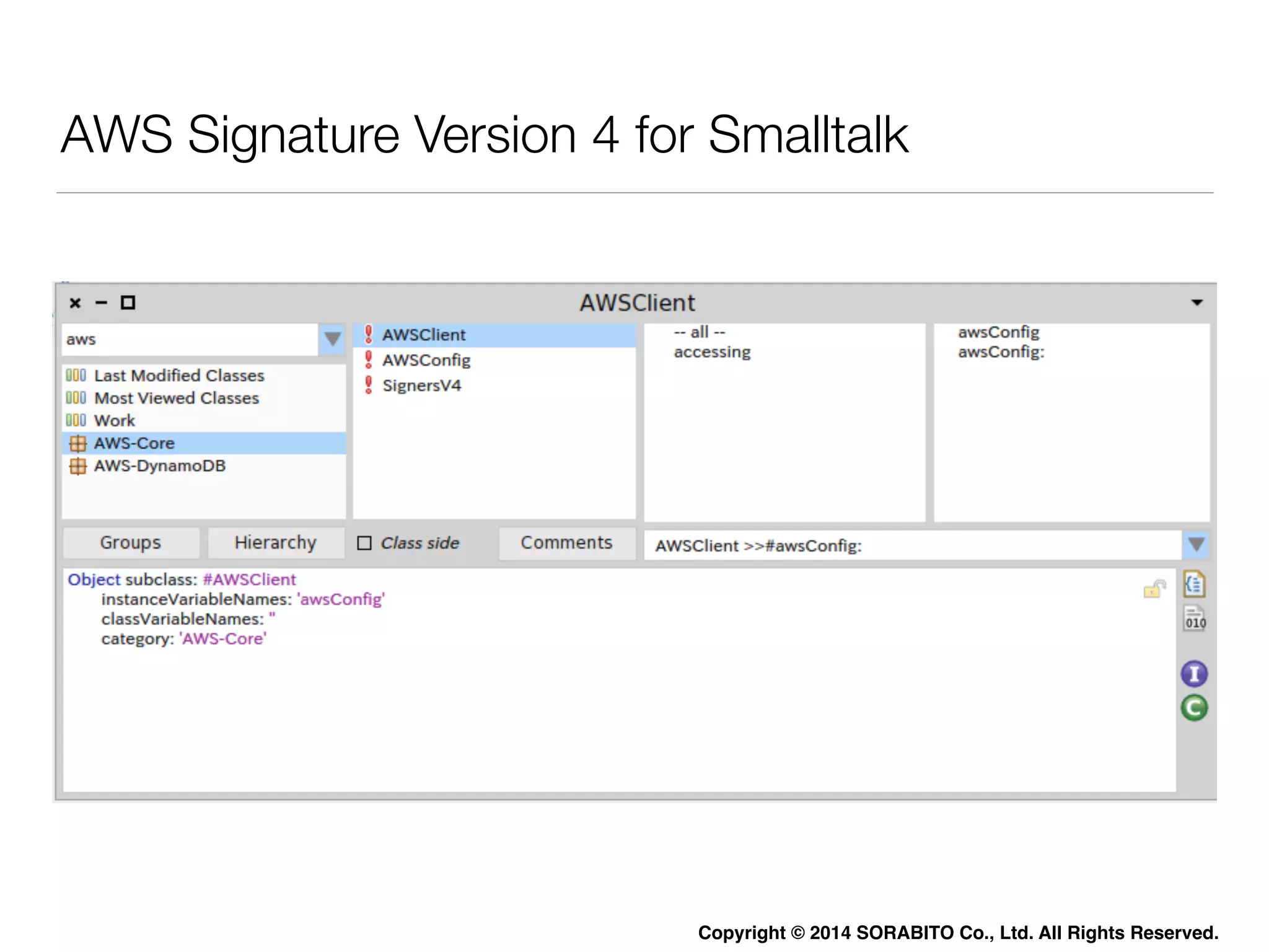 AWS Signature Version 4 for Smalltalk 
Copyright © 2014 SORABITO Co., Ltd. All Rights Reserved. 
 
