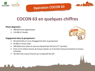 COCON 63 en quelques chiffres 
Phase diagnostic : 
480 bâtiments diagnostiqués 
110 000 m² étudiés 
Engagement dans le groupement : 
90 collectivités en cours d’engagement dans le groupement 
85 000 m² seront isolés 
200 GWhcumac (selon le calcul du dispositif des CEE de la 2ème période) 
Entre 2 et 4 millions d’euros de travaux injectés sur le territoire (travaux d’isolation et travaux connexes) 
30 à 60 % des travaux financés par le dispositif des CEE  