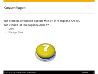 Kurzumfragen 
Wie stark beeinflussen digitale Medien Ihre tägliche Arbeit? 
Wie virtuell ist Ihre tägliche Arbeit? 
• Stark 
• Weniger Stark 
© 2014 SAP SE or an SAP affiliate company. All rights reserved. Customer 5 
 
