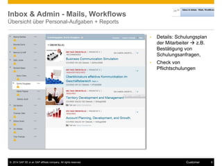 Inbox & Admin - Mails, Workflows 
Übersicht über Personal-Aufgaben + Reports 
• Details: Schulungsplan 
der Mitarbeiter  z.B. 
Bestätigung von 
Schulungsanfragen, 
• Check von 
Pflichtschulungen 
© 2014 SAP SE or an SAP affiliate company. All rights reserved. Customer 8 
 