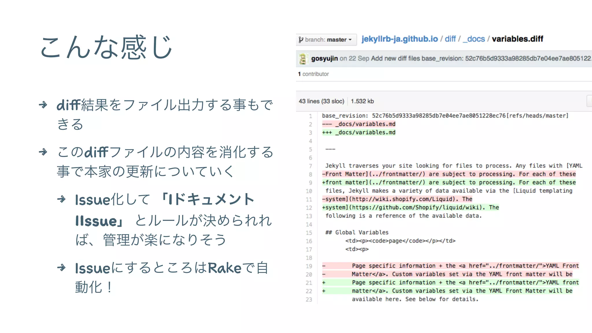 こんな感じ 
4 diff結果をファイル出力する事もで 
きる 
4 このdiffファイルの内容を消化する 
事で本家の更新についていく 
4 Issue化して 「1ドキュメント 
1Issue」 とルールが決められれ 
ば、管理が楽になりそう 
4 IssueにするところはRakeで自 
動化！ 
 