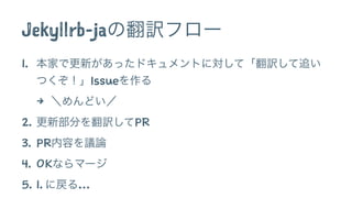 Jekyllrb-jaの翻訳フロー 
1. 本家で更新があったドキュメントに対して「翻訳して追い 
つくぞ！」Issueを作る 
4 ＼めんどい／ 
2. 更新部分を翻訳してPR 
3. PR内容を議論 
4. OKならマージ 
5. 1. に戻る… 
 