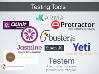 Testing Tools 
Testem A test runner that makes 
Javascript unit testing fun. 
 