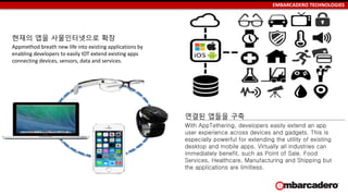 EMBARCADERO TECHNOLOGIES
현재의 앱을 사물인터넷으로 확장
Appmethod breath new life into existing applications by
enabling developers to easily IOT extend existing apps
connecting devices, sensors, data and services.
연결된 앱들을 구축
With AppTethering, developers easily extend an app
user experience across devices and gadgets. This is
especially powerful for extending the utility of existing
desktop and mobile apps. Virtually all industries can
immediately benefit, such as Point of Sale, Food
Services, Healthcare, Manufacturing and Shipping but
the applications are limitless.
 
