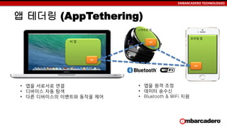 EMBARCADERO TECHNOLOGIES
AT
AT
PC 앱
모바일 앱
스마트폰 앱
AT
• 앱을 서로서로 연결
• 디바이스 자동 탐색
• 다른 디바이스의 이벤트와 동작을 제어
• 앱을 원격 조정
• 데이터 송수신
• Bluetooth & WiFi 지원
앱 테더링 (AppTethering)
 