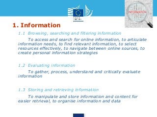 1. Information 
• 1.1 Browsing, searching and filtering information 
• To access and search for online information, to articulate 
information needs, to find relevant information, to select 
resources effectively, to navigate between online sources, to 
create personal information strategies 
• 1.2 Evaluating information 
• To gather, process, understand and critically evaluate 
information 
• 1.3 Storing and retrieving information 
• To manipulate and store information and content for 
easier retrieval, to organise information and data 
 