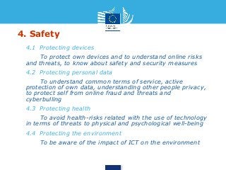 4. Safety 
• 4.1 Protecting devices 
• To protect own devices and to understand online risks 
and threats, to know about safety and security measures 
• 4.2 Protecting personal data 
• To understand common terms of service, active 
protection of own data, understanding other people privacy, 
to protect self from online fraud and threats and 
cyberbulling 
• 4.3 Protecting health 
• To avoid health-risks related with the use of technology 
in terms of threats to physical and psychological well-being 
• 4.4 Protecting the environment 
• To be aware of the impact of ICT on the environment 
 