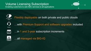 Volume Licensing Subscription 
Enabling customers to add ADC services to all applications 
Flexibly deployable on both private and public clouds 
…with Premium Support and software upgrades included 
…in 1 and 3-year subscription increments 
…all managed via BIG-IQ 
Private/Public 
Cloud 
Support 
 