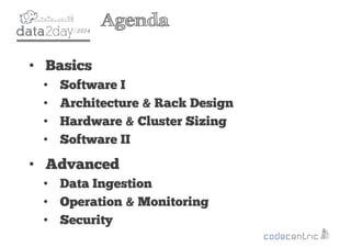 2
Agenda
• Basics
• Software I
• Architecture & Rack Design
• Hardware & Cluster Sizing
• Software II
• Advanced
• Data Ingestion
• Operation & Monitoring
• Security
 