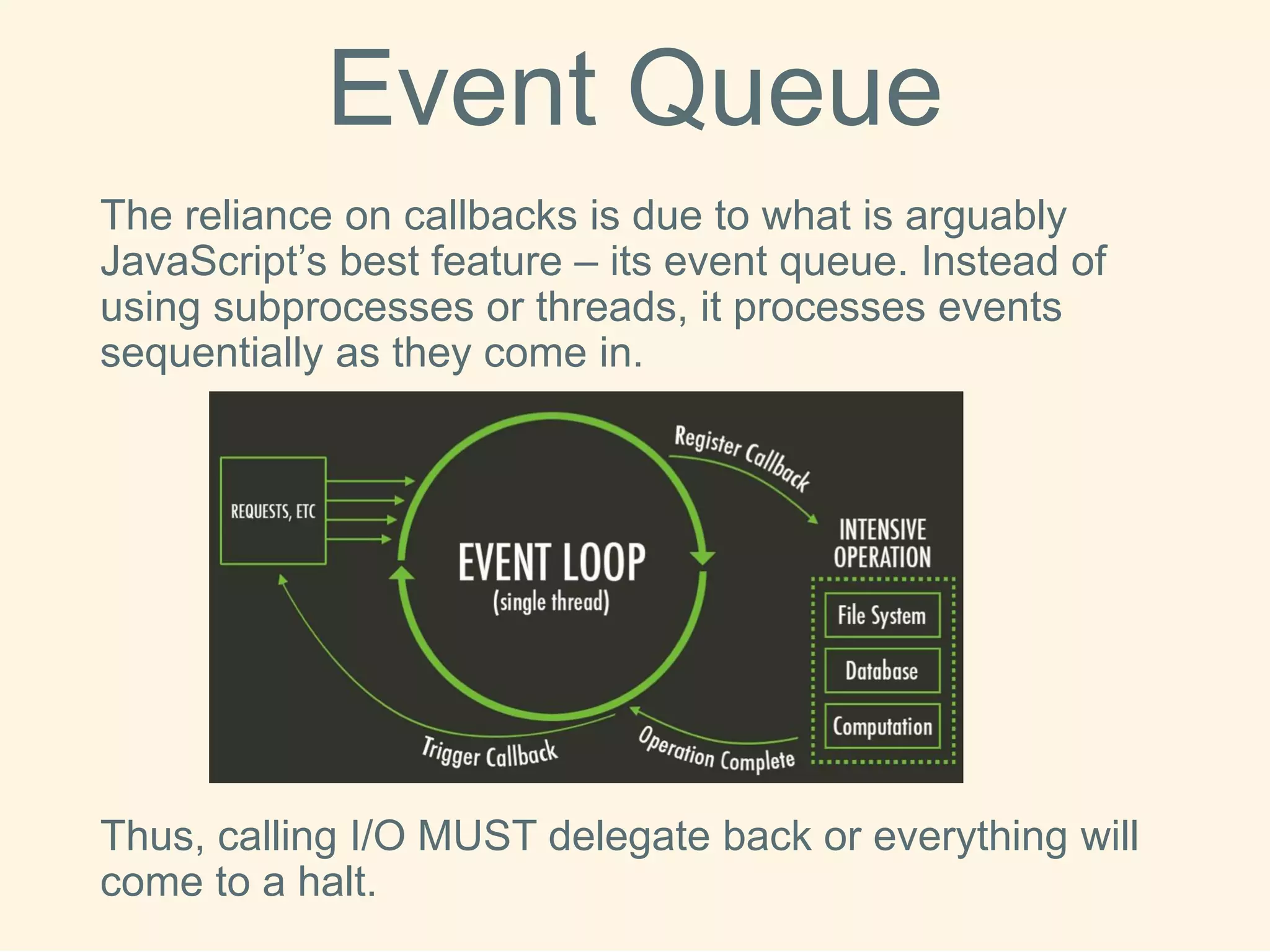 Event Queue 
The reliance on callbacks is due to what is arguably JavaScript’s best feature –its event queue. Instead of using subprocessesor threads, it processes events sequentially as they come in. 
Thus, calling I/O MUST delegate back or everything will come to a halt.  