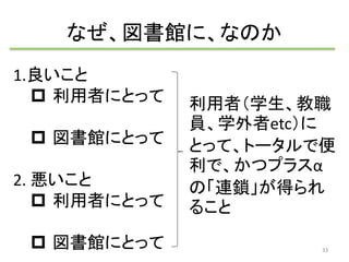 なぜ、図書館に、なのか 
1.良いこと 
 利用者にとって 
 図書館にとって 
2. 悪いこと 
 利用者にとって 
 図書館にとって 
利用者（学生、教職 
員、学外者etc）に 
とって、トータルで便 
利で、かつプラスα 
の「連鎖」が得られ 
ること 
33 
 