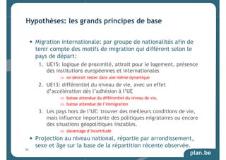 Hypothèses: les grands principes de base 
• Migration internationale: par groupe de nationalités afin de 
tenir compte des motifs de migration qui diffèrent selon le 
pays de départ: 
1. UE15: logique de proximité, attrait pour le logement, présence 
plan.be 
des institutions européennes et internationales 
⇒ on devrait rester dans une même dynamique 
2. UE13: différentiel du niveau de vie, avec un effet 
d’accélération dès l’adhésion à l’UE 
⇒ baisse attendue du différentiel du niveau de vie, 
⇒ baisse attendue de l’immigration 
3. Les pays hors de l’UE: trouver des meilleurs conditions de vie, 
mais influence importante des politiques migratoires ou encore 
des situations géopolitiques instables. 
⇒ davantage d’incertitude 
• Projection au niveau national, répartie par arrondissement, 
sexe et âge sur la base de la répartition récente observée. 
11 
 