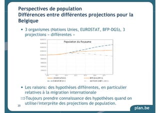 plan.be 
Perspectives de population 
Différences entre différentes projections pour la 
Belgique 
• 3 organismes (Nations Unies, EUROSTAT, BFP-DGS), 3 
projections « différentes » 
• Les raisons: des hypothèses différentes, en particulier 
relatives à la migration internationale 
⇒Toujours prendre connaissance des hypothèses quand on 
utilise/interprète des projections de population. 
20 
 