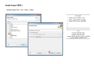 Gradle Project 생성 1
- Gradle Project 생성 : File -> New -> Other
개발 가이드
①
상세 설명
1 Gradle Project 선택하고 Next
2
Project name 입력하고 Sample
Proect 선택 후 Finish 버튼 클릭
3
4
5
기타
1.인터넷 연결 확인 필요
2.방화벽 설정 확인 필요
3.Gradle 제대로 설치되어 있는지 cmd창에
서 gradle 명령어 입력해서 확인
②
 