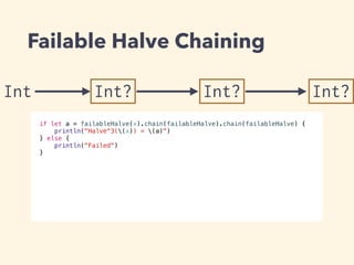 Failable Halve Chaining 
Int Int? 
if let a = failableHalve(x).chain(failableHalve).chain(failableHalve) { 
println("Halve^3((x)) = (a)") 
} else { 
println("Failed") 
} 
Int? Int? 
 