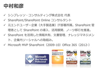 中村和彦 
 シンプレッソ・コンサルティング株式会社代表 
 SharePoint/SharePoint Online コンサルタント 
 元エンドユーザー企業（大手製造業）IT部署所属。SharePoint 管 
理者としてSharePoint の導入、活用展開、ノーツ移行を推進。 
 SharePoint を活用した情報共有、文書管理、ナレッジマネジメン 
ト、企業内ソーシャルへの取組み。 
 Microsoft MVP SharePoint（2009-10）Office 365（2012-） 
 