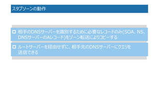 スタブソーンの動作 
相手のDNSサーバーを識別するために必要なレコードのみ(SOA、NS、 DNSサーバーのAレコード)をゾーン転送によりコピーする 
ルートサーバーを経由せずに、相手先のDNSサーバーにクエリを 送信できる  