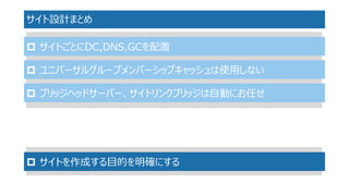 サイト設計まとめ 
サイトごとにDC,DNS,GCを配置 
ユニバーサルグループメンバーシップキャッシュは使用しない 
ブリッジヘッドサーバー、サイトリンクブリッジは自動にお任せ 
サイトを作成する目的を明確にする  