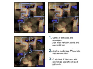Pier Luca Lanzi e Michele Pirovano – Codemotion Milan
1. Connect all bases, the
resources,
pick three random points and
connect them
2. Apply a customize A* heuristic
and reuse roads!
3. Customize A* heuristic with
randomize cost of non-road
grid cells.
 