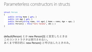 structPerson{ publicstringName { get; } publicintAge { get; } publicPerson(stringname, intage) { Name = name; Age = age; } publicPerson() : this("Taro Tanaka", 10) { } } 
default(Person) とかnew Person[3] と宣言したときは このコンストラクタは実行されない。 あくまで明示的にnew Person() と呼び出したときのみ。  