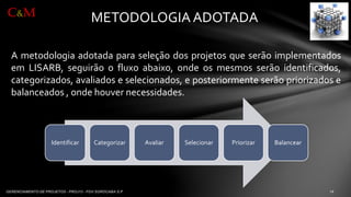 METODOLOGIA ADOTADA 
AmetodologiaadotadaparaseleçãodosprojetosqueserãoimplementadosemLISARB,seguirãoofluxoabaixo,ondeosmesmosserãoidentificados, categorizados,avaliadoseselecionados,eposteriormenteserãopriorizadosebalanceados,ondehouvernecessidades. 
Identificar 
Categorizar 
Avaliar 
Selecionar 
Priorizar 
Balancear 
C&M  