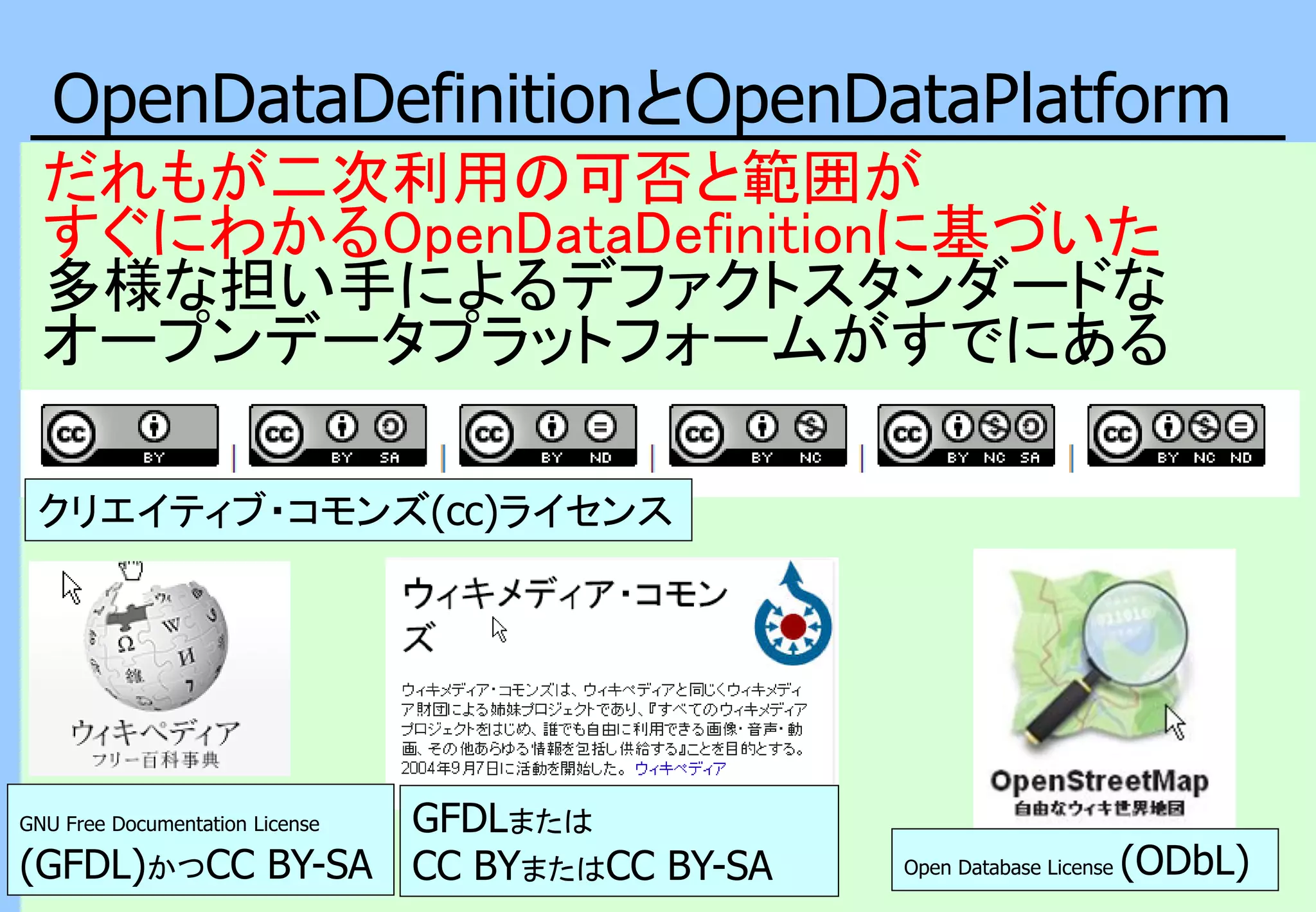 OpenDataDefinitionとOpenDataPlatform
だれもが二次利用の可否と範囲が
すぐにわかるOpenDataDefinitionに基づいた
多様な担い手によるデファクトスタンダードな
オープンデータプラットフォームがすでにある
4
クリエイティブ・コモンズ(cc)ライセンス
GFDLまたは
CC BYまたはCC BY-SA Open Database License (ODbL)
GNU Free Documentation License
(GFDL)かつCC BY-SA
 