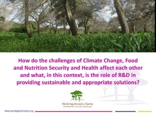 How do the challenges of Climate Change, Food 
and Nutrition Security and Health affect each other 
and what, in this context, is the role of R&D in 
providing sustainable and appropriate solutions? 
 