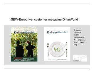 SEW-Eurodrive: customer magazine DriveWorld
3x a year;
circulation:
45,000;
translated into
three languages;
up to 72 pages
long
8
 