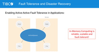 Fault Tolerance and Disaster Recovery 
Enabling Active-Active Fault Tolerance in Applications: 
In-­‐Memory 
CompuDng 
is 
reliable, 
scalable 
and 
fault-­‐tolerant! 
 