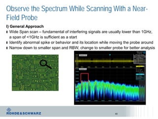 Observe the Spectrum While Scanning With a Near-
Field Probe
40
I) General Approach
ı Wide Span scan – fundamental of interfering signals are usually lower than 1GHz,
a span of <1GHz is sufficient as a start
ı Identify abnormal spike or behavior and its location while moving the probe around
ı Narrow down to smaller span and RBW, change to smaller probe for better analysis
 