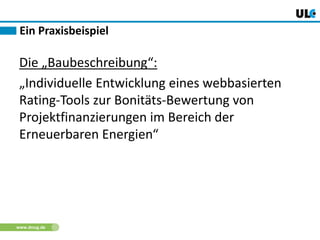 www.dnug.de
Ein Praxisbeispiel
Die „Baubeschreibung“:
„Individuelle Entwicklung eines webbasierten
Rating-Tools zur Bonitäts-Bewertung von
Projektfinanzierungen im Bereich der
Erneuerbaren Energien“
 