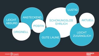 LUSTIG
ANSTECKEND
GUTE LAUNE
POSITIV
ORIGINELL
LEICHT
ABSURD
LEICHT
ZUGÄNGLICH
AKTUELL
 