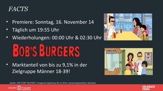 FACTS
• Premiere: Sonntag, 16. November 14
• Täglich um 19:55 Uhr
• Wiederholungen: 00:00 Uhr & 02:30 Uhr
• Marktanteil von bis zu 9,1% in der
Zielgruppe Männer 18-39!
Quelle: AGTT/GfK TELETEST; Evogenius Reporting 06.12.2014; personengewichtet; Standard
 