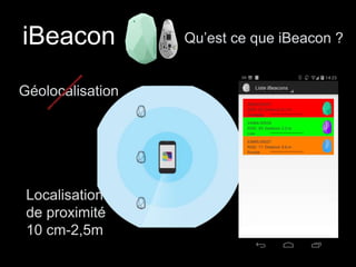 iBeacon Qu’est ce que iBeacon ? 
Géolocalisation 
Localisation 
de proximité 
10 cm-2,5m 
 