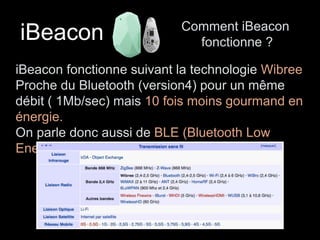 iBeacon Comment iBeacon 
fonctionne ? 
iBeacon fonctionne suivant la technologie Wibree 
Proche du Bluetooth (version4) pour un même 
débit ( 1Mb/sec) mais 10 fois moins gourmand en 
énergie. 
On parle donc aussi de BLE (Bluetooth Low 
Energy) 
 