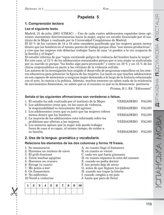 ÄÅÐÆÀÂÍÀÏІÄÑÓÌÊÎÂÀÀÒÅÑÒÀÖІßІСПАНСЬКАМОВА
119

Прізвище, ім’я Клас
Papeleta 5
1. Comprensión lectora
Lee el siguiente texto.
Madrid, 31 de julio, 2001 (CIMAC). – Uno de cada cuatro adolescentes españoles tiene opi-
niones claramente discriminatorias hacia la mujer, según un estudio ﬁnanciado por el ins-
tituto de la Mujer y realizado por la Universidad Complutense de Madrid.
El 23 % de los varones de 14 a 18 años considera justiﬁcado que las mujeres ganen menos
dinero que los hombres en el mismo puesto de trabajo porque ellas “son menos productivas”,
y cree que las mujeres solo deberían trabajar fuera de casa “si pueden a la vez ocuparse de
la familia y el hogar”.
El estudio informa de que “sigue existiendo peligro de violencia del hombre hacia la mujer”.
En este caso, el 12 % de los adolescentes encuestados piensa que si una mujer es maltratada
por su marido es porque “ha hecho algo para provocarlo” y entre un 10 % y un 15 % de los
chicos responsabiliza en parte a las víctimas de la violencia sufrida.
Los autores de la investigación han exigido el desarrollo de programas especíﬁcos en los cent-
ros educativos para potenciar la ﬁgura de las mujeres. La razón es que muchos adolescentes
no son capaces de mencionar a ninguna mujer destacada a lo largo de la historia relacionada
con el arte, la ciencia o la política. Además, muchos menores no saben nada de la existencia
de movimientos femenistas, no saben qué es el sexismo ni qué es la democracia paritaria.
Prisma, B 1. Ed. “Edinumen”
Señala si las siguientes aﬁrmaciones son verdaderas o falsas.
1. El estudio ha sido realizado por el instituto de la Mujer. VERDADERO FALSO
2. Los adolescentes creen que, en los casos de violencia,
la responsabilidad es únicamente del agresor. VERDADERO FALSO
1. Los adolescentes creen que es justo que las mujeres cobren
menos dinero que los hombres. VERDADERO FALSO
2. La mayoría de los adolescentes está informada sobre los
problemas que afectan a las mujeres. VERDADERO FALSO
3. Los menores opinan que la mujer solo puede trabajar
fuera de casa si es capaz, al mismo tiempo, de cuidar a
su familia. VERDADERO FALSO
2. Uso de la lengua: gramática y vocabulario
Relaciona los elementos de las dos columnas y forma 10 frases.
1. Se enamoraron A. en cuanto llegó el fontanero
2. Haremos un muñeco de nieve B. en cuanto se vieron
3 El grifo funcionó C. cada vez que hacía gimnasia
4. Tenía muchas agujetas D. en cuanto sepamos la nota del examen
5. Haremos un crucero E. cuando no podía dormir
6. Recoge tu cuarto F. tan pronto deje de nevar
7. Me ponía a leer G. antes de que lleguen tus padres
8. Os llamaremos H. cuando nos toque la lotería
9. No saldremos I. cuando vengáis a mi país
10.Venid a visitarme J. hasta que pare de llover
1 2 3 4 5 6 7 8 9 10
 