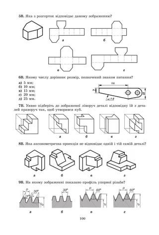 100
5Â. ßêà ç ðîçãîðòîê âіäïîâіäàє äàíîìó çîáðàæåííþ?
а б
в г
6Â. ßêîìó ÷èñëó äîðіâíþє ðîçìіð, ïîçíà÷åíèé çíàêîì ïèòàííÿ?
à) 5 ìì;
á) 10 ìì;
â) 15 ìì;
ã) 20 ìì;
ä) 25 ìì.
7Â. Óÿâíî ïіäáåðіòü äî çîáðàæåíîї ëіâîðó÷ äåòàëі âіäïîâіäíó їé ç äåòà-
ëåé ïðàâîðó÷ òàê, ùîá óòâîðèâñÿ êóá.
а б в г
8Â. ßêà àêñîíîìåòðè÷íà ïðîåêöіÿ íå âіäïîâіäàє îäíіé і òіé ñàìіé äåòàëі?
а б в г
9Â. Íà ÿêîìó çîáðàæåííі ïîêàçàíî ïðîôіëü óïîðíîї ðіçüáè?
а б в г
 