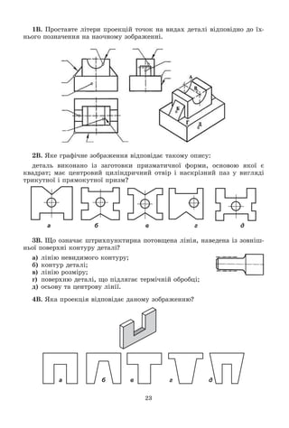 23
1Â. Ïðîñòàâòå ëіòåðè ïðîåêöіé òî÷îê íà âèäàõ äåòàëі âіäïîâіäíî äî їõ-
íüîãî ïîçíà÷åííÿ íà íàî÷íîìó çîáðàæåííі.
2Â. ßêå ãðàôі÷íå çîáðàæåííÿ âіäïîâіäàє òàêîìó îïèñó:
äåòàëü âèêîíàíî іç çàãîòîâêè ïðèçìàòè÷íîї ôîðìè, îñíîâîþ ÿêîї є
êâàäðàò; ìàє öåíòðîâèé öèëіíäðè÷íèé îòâіð і íàñêðіçíèé ïàç ó âèãëÿäі
òðèêóòíîї і ïðÿìîêóòíîї ïðèçì?
а б в г д
3Â. Ùî îçíà÷àє øòðèõïóíêòèðíà ïîòîâùåíà ëіíіÿ, íàâåäåíà іç çîâíіø-
íüîї ïîâåðõíі êîíòóðó äåòàëі?
à) ëіíіþ íåâèäèìîãî êîíòóðó;
á) êîíòóð äåòàëі;
â) ëіíіþ ðîçìіðó;
ã) ïîâåðõíþ äåòàëі, ùî ïіäëÿãàє òåðìі÷íіé îáðîáöі;
ä) îñüîâó òà öåíòðîâó ëіíії.
4Â. ßêà ïðîåêöіÿ âіäïîâіäàє äàíîìó çîáðàæåííþ?
а б в г д
 