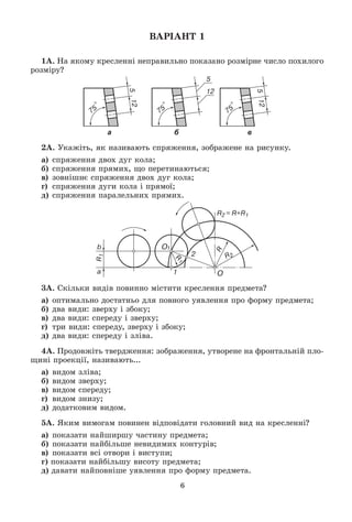 6
ÂÀÐІÀÍÒ 1
1À. Íà ÿêîìó êðåñëåííі íåïðàâèëüíî ïîêàçàíî ðîçìіðíå ÷èñëî ïîõèëîãî
ðîçìіðó?
а б в
2À. Óêàæіòü, ÿê íàçèâàþòü ñïðÿæåííÿ, çîáðàæåíå íà ðèñóíêó.
à) ñïðÿæåííÿ äâîõ äóã êîëà;
á) ñïðÿæåííÿ ïðÿìèõ, ùî ïåðåòèíàþòüñÿ;
â) çîâíіøíє ñïðÿæåííÿ äâîõ äóã êîëà;
ã) ñïðÿæåííÿ äóãè êîëà і ïðÿìîї;
ä) ñïðÿæåííÿ ïàðàëåëüíèõ ïðÿìèõ.
3À. Ñêіëüêè âèäіâ ïîâèííî ìіñòèòè êðåñëåííÿ ïðåäìåòà?
à) îïòèìàëüíî äîñòàòíüî äëÿ ïîâíîãî óÿâëåííÿ ïðî ôîðìó ïðåäìåòà;
á) äâà âèäè: çâåðõó і çáîêó;
â) äâà âèäè: ñïåðåäó і çâåðõó;
ã) òðè âèäè: ñïåðåäó, çâåðõó і çáîêó;
ä) äâà âèäè: ñïåðåäó і çëіâà.
4À. Ïðîäîâæіòü òâåðäæåííÿ: çîáðàæåííÿ, óòâîðåíå íà ôðîíòàëüíіé ïëî-
ùèíі ïðîåêöії, íàçèâàþòü...
à) âèäîì çëіâà;
á) âèäîì çâåðõó;
â) âèäîì ñïåðåäó;
ã) âèäîì çíèçó;
ä) äîäàòêîâèì âèäîì.
5À. ßêèì âèìîãàì ïîâèíåí âіäïîâіäàòè ãîëîâíèé âèä íà êðåñëåííі?
à) ïîêàçàòè íàéøèðøó ÷àñòèíó ïðåäìåòà;
á) ïîêàçàòè íàéáіëüøå íåâèäèìèõ êîíòóðіâ;
â) ïîêàçàòè âñі îòâîðè і âèñòóïè;
ã) ïîêàçàòè íàéáіëüøó âèñîòó ïðåäìåòà;
ä) äàâàòè íàéïîâíіøå óÿâëåííÿ ïðî ôîðìó ïðåäìåòà.
 