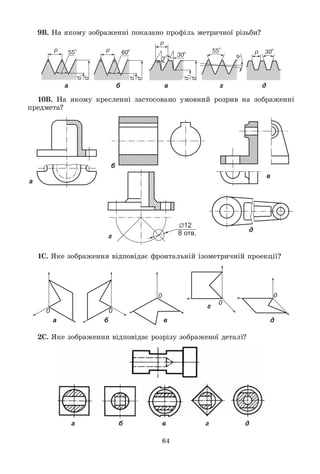 64
9Â. Íà ÿêîìó çîáðàæåííі ïîêàçàíî ïðîôіëü ìåòðè÷íîї ðіçüáè?
а б в г д
10Â. Íà ÿêîìó êðåñëåííі çàñòîñîâàíî óìîâíèé ðîçðèâ íà çîáðàæåííі
ïðåäìåòà?
а
б
в
г
д
1Ñ. ßêå çîáðàæåííÿ âіäïîâіäàє ôðîíòàëüíіé іçîìåòðè÷íіé ïðîåêöії?
а б в д
г
2Ñ. ßêå çîáðàæåííÿ âіäïîâіäàє ðîçðіçó çîáðàæåíîї äåòàëі?
а б в г д
 