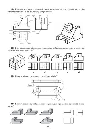 92
1Â. Ïðîñòàâòå ëіòåðè ïðîåêöіé òî÷îê íà âèäàõ äåòàëі âіäïîâіäíî äî їõ-
íüîãî ïîçíà÷åííÿ íà íàî÷íîìó çîáðàæåííі.
2Â. ßêå êðåñëåííÿ âіäïîâіäàє íàî÷íîìó çîáðàæåííþ äåòàëі, ó ÿêіé âè-
äàëåíî íàìі÷åíі ÷àñòèíè?
а б в г д
3Â. ßêîþ öèôðîþ ïîçíà÷åíî ðîçìіðíó ëіíіþ?
4Â. ßêîìó íàî÷íîìó çîáðàæåííþ âіäïîâіäàє êðåñëåííÿ ïðîåêöіé ïðåä-
ìåòà?
а б в
г д
 