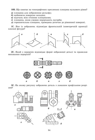 94
10Â. Ùî îçíà÷àє íà òîïîãðàôі÷íèõ êðåñëåííÿõ ïëîùèíà íóëüîâîãî ðіâíÿ?
à) ïëîùèíà äëÿ çîáðàæåííÿ ðåëüєôó;
á) íàéíèæ÷à ïîâåðõíÿ çàïàäèí;
â) âіäñòàíü ìіæ ñі÷íèìè ïëîùèíàìè;
ã) ïëîùèíà, ÿêîþ óìîâíî ïåðåðіçàþòü ïàãîðáè;
ä) ãîðèçîíòàëüíà ïëîùèíà, ïðîâåäåíà äîòè÷íî äî ðіâíèííîї ïîâåðõíі.
1Ñ. ßêå іç çîáðàæåíü âіäïîâіäàє ôðîíòàëüíіé іçîìåòðè÷íіé ïðîåêöії
ïëîñêîї ôіãóðè?
а б в г д
2Ñ. ßêèé ç ïåðåðіçіâ âіäïîâіäàє ôîðìі çîáðàæåíîї äåòàëі òà ïðàâèëàì
âèêîíàííÿ ïåðåðіçіâ?
а б в г д
3Ñ. Íà ÿêîìó ðèñóíêó çîáðàæåíî äåòàëü ç ëàìàíèì ïðîôіëüíèì ðîçðі-
çîì?
а
б в
г
д
 