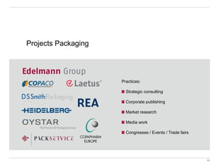 Projects Packaging
Practices:
Strategic consulting
Corporate publishing
Market research
Media work
Congresses / Events / Trade fairs
11
 
