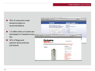 22
78% of consumers make
decisions based on
recommendations
1.5 million items of content are
exchanged on Facebook every
day
34% of blogs post
opinions about products
and brands
Public Relations made by FAKTUM
 